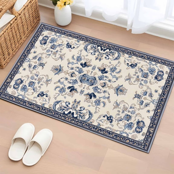 Area Rug 2x3ft Bohemia Blue Flower Pattern on Beige Area Rugs Washable Low Pile Floor Carpet for Bedroom, Retro Abstract Art Non Slip Soft Rugs for Living Room Entryway Dining Room