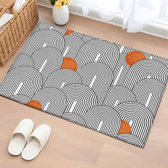 Area Rug 2x3ft Boho Abstract Black White Rounds Stripes Area Rugs Washable Low Pile Floor Carpet for Bedroom, Orange Polka Dots Non Slip Soft Rugs for Living Room Entryway Dining Room