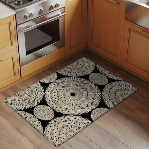 Area Rug 2x3ft Boho Floral Rings Washable Area Rugs for Living Room Brown Black Abstract Geometric Non-Slip Kitchen Mats Soft Carpet for Entryway, Bathroom, Office, and Home Decor