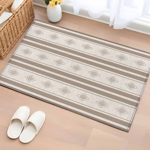 Area Rug 2x3ft Boho Geometric Khaki Stripe Area Rugs Washable Low Pile Floor Carpet for Bedroom, Vintage Tribal Pattern Non Slip Soft Rugs for Living Room Entryway Dining Room