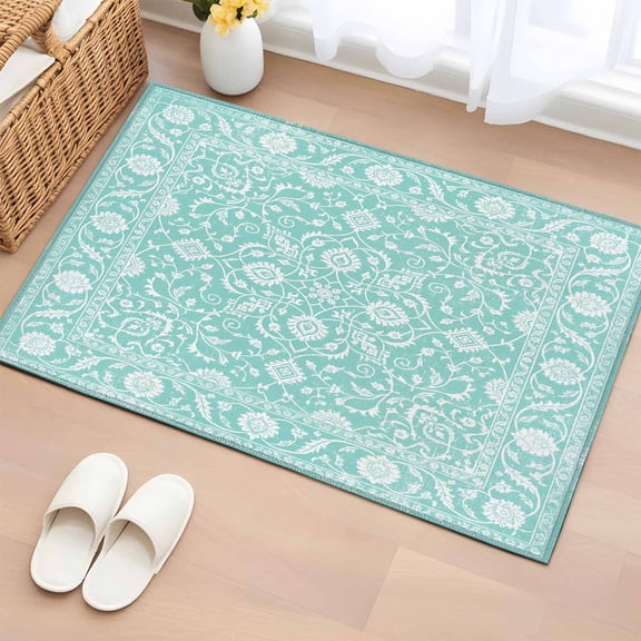 Area Rug 2x3ft Boho Mint Green Paisley Floral Area Rugs Washable Low Pile Floor Carpet for Bedroom, Abstract Wild Flower Non Slip Soft Rugs for Living Room Entryway Dining Room