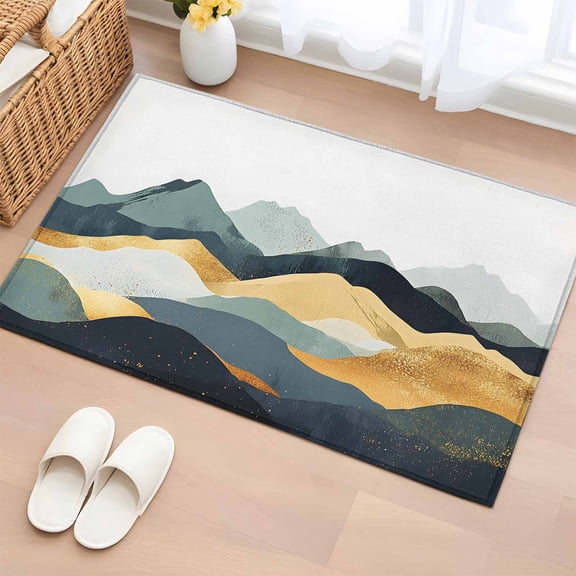 Area Rug 2x3ft Boho Mountains Abstract Geometric Area Rugs Washable Low Pile Floor Carpet for Bedroom, Gold Gradient Ripple Non Slip Soft Rugs for Living Room Entryway Dining Room