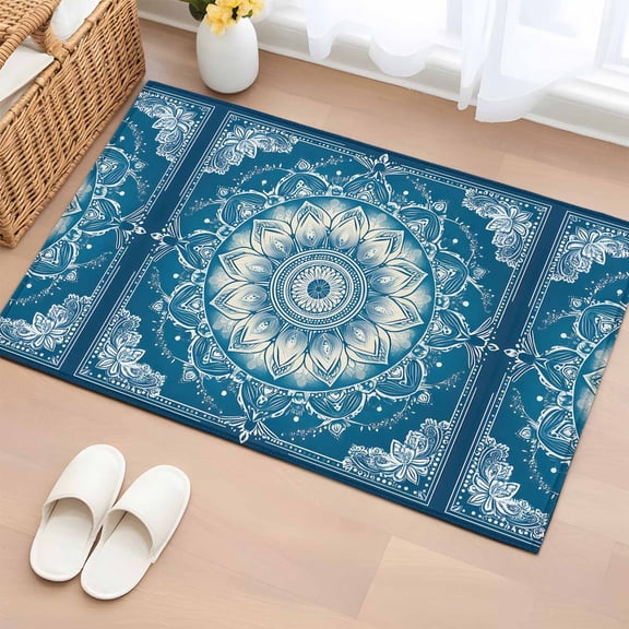 Area Rug 2x3ft Boho Retro Tribal Blue Floral Area Rugs Washable Low Pile Floor Carpet for Bedroom, Abstract Ethnic Theme Non Slip Soft Rugs for Living Room Entryway Dining Room
