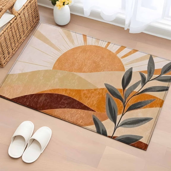Area Rug 2x3ft, Boho Sun Mountains Abstract Leaves Washable Rugs for Living Room Bedroom, Mid Century Retro Style Soft Non-slip Area Rugs Rectangle Floor Carpet for Dining Room