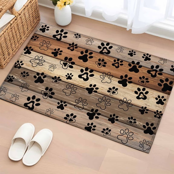 Area Rug 2x3ft Brown Wooden Plank Dog Paw Area Rugs Washable Low Pile Floor Carpet for Bedroom, Farmhouse Retro Wood Board Non Slip Soft Rugs for Living Room Entryway Dining Room