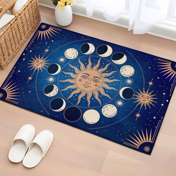 Area Rug 2x3ft Celestial Sun and Moon Carpets Indoor Floor Area Mat Doormat Entrance Mat Rugs for Entry Living Room Dining Room Kitchen Bedroom, Blue Starry Galaxy Boho Sofa Throw Carpet