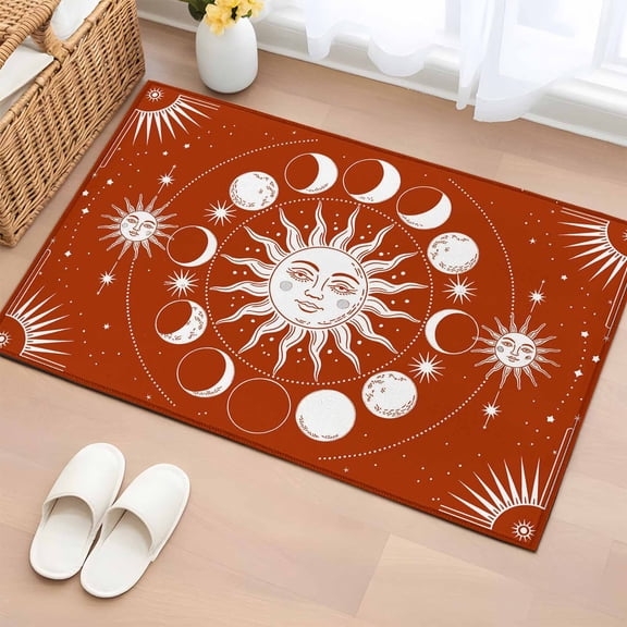 Area Rug 2x3ft Celestial Sun and Moon Carpets Indoor Floor Area Mat Doormat Entrance Mat Rugs for Entry Living Room Dining Room Kitchen Bedroom, Burnt Orange Starry Galaxy Boho Sofa Throw Carpet