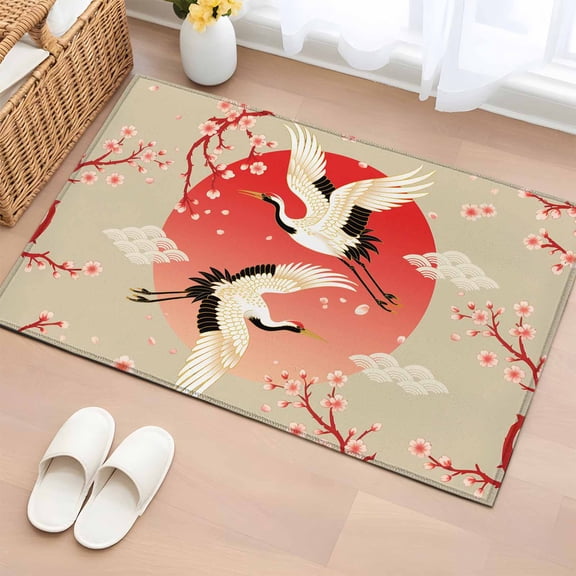 Area Rug 2x3ft Cherry Blossom Crane Carpets Indoor Floor Area Mat Doormat Entrance Mat Rugs for Entry Living Room Dining Room Kitchen Bedroom, Japanese Style Cloud Sofa Throw Carpet