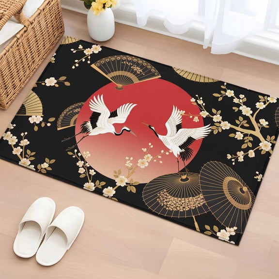 Area Rug 2x3ft Cherry Blossom Crane Carpets Indoor Floor Area Mat Doormat Entrance Mat Rugs for Entry Living Room Dining Room Kitchen Bedroom, Paper Fan Japanese Style Sofa Throw Carpet