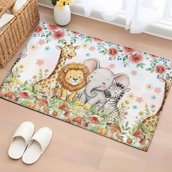 Area Rug 2x3ft Children's Day Lions Elephants Area Rugs Washable Low Pile Floor Carpet for Bedroom, Red Rose Zebras Giraffes Non Slip Soft Rugs for Living Room Entryway Dining Room