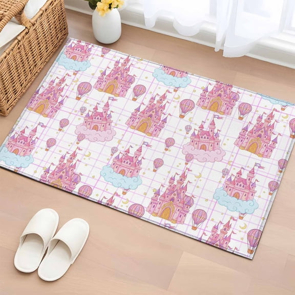 Area Rug 2x3ft, Children's Day Pink Dream Castle Balloons Washable Rugs for Living Room Bedroom, Blue Cloud Soft Non-slip Area Rugs Rectangle Floor Carpet for Dining Room