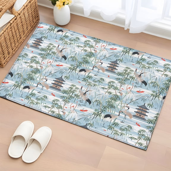 Area Rug 2x3ft Chinese Style Tower Leaf Crane Area Rugs Washable Low Pile Floor Carpet for Bedroom, Chinoiserie Blue Gradient Non Slip Soft Rugs for Living Room Entryway Dining Room