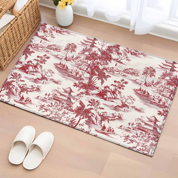 Area Rug 2x3ft Chinoiserie Garden Asian Scenic Area Rugs Washable Low Pile Floor Carpet for Bedroom, Pavilion Hill Boat Tree Red Non Slip Soft Rugs for Living Room Entryway Dining Room