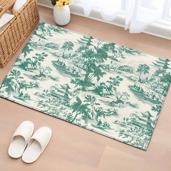 Area Rug 2x3ft, Chinoiserie Green Garden Scenery Washable Rugs for Living Room Bedroom, Pagoda Pavilion Hill Plant Boat Soft Non-slip Area Rugs Rectangle Floor Carpet for Dining Room