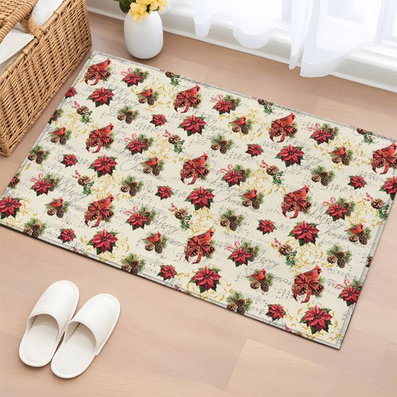 Area Rug 2x3ft Christmas Red Bird Holly Poinsettia Pine Cones Area Rugs Washable Low Pile Floor Carpet for Bedroom, Pine Needles on Retro Non Slip Soft Rugs for Living Room Entryway Dining Room