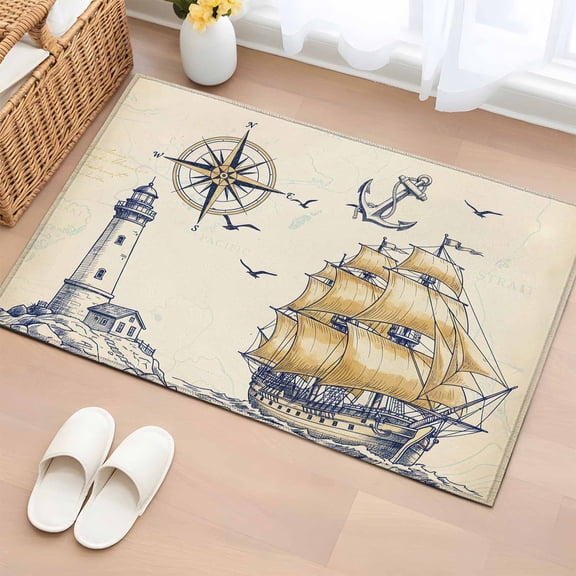 Area Rug 2x3ft, Coastal Anchor Compass Sailboat Washable Rugs for Living Room Bedroom, Retro Lighthouse Nautical Theme Soft Non-slip Area Rugs Rectangle Floor Carpet for Dining Room