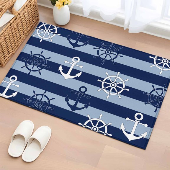 Area Rug 2x3ft, Coastal Anchor Compass Washable Rugs for Living Room Bedroom, Nautical Theme Navy Blue Stripe Soft Non-slip Area Rugs Rectangle Floor Carpet for Dining Room