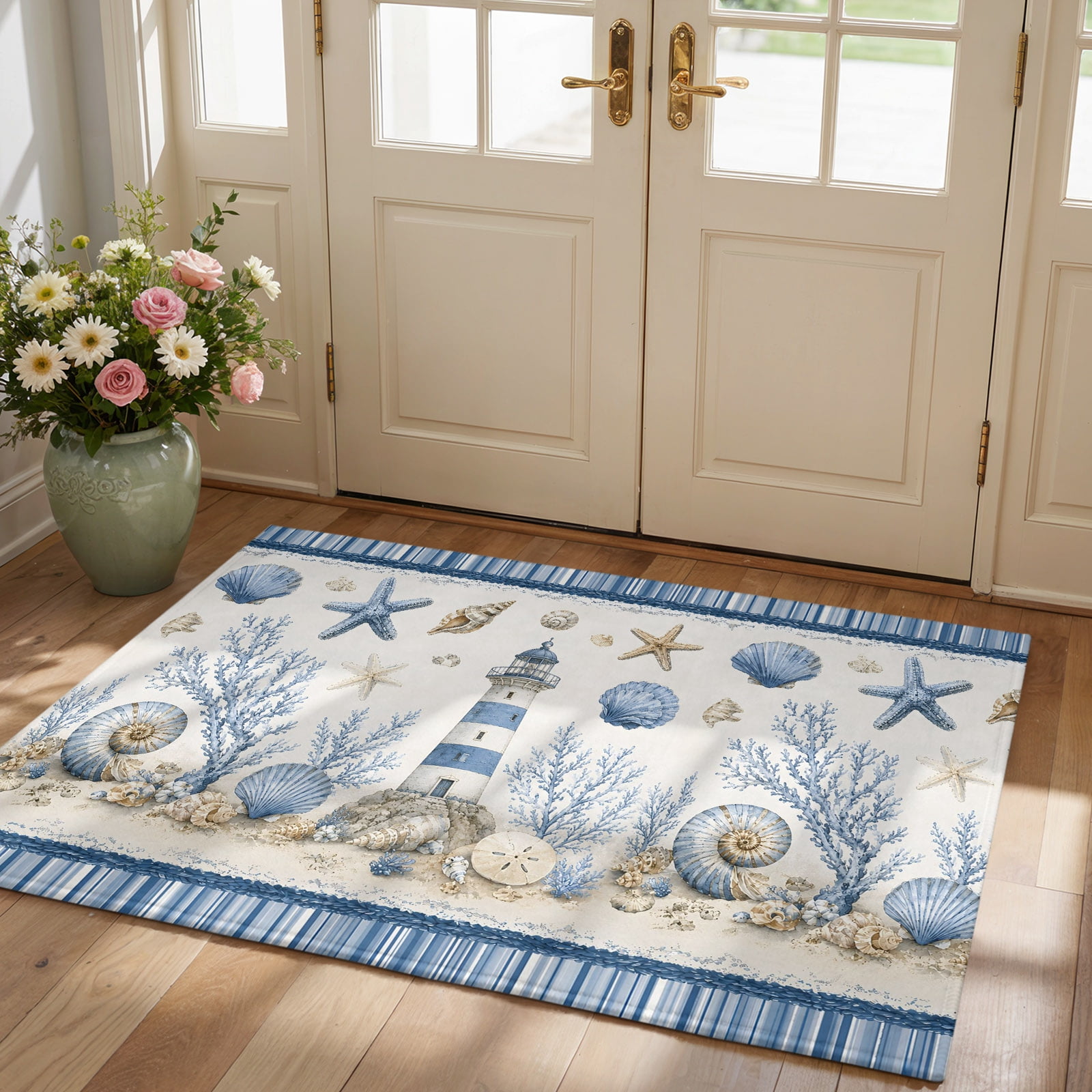 Conch Shell Fod Area Rug 2x3ft Coastal Lighthouse Blue Stripe Low Pile Washable Rug ...