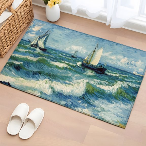 Area Rug 2x3ft Coastal Sailboat Floor Entryway Rugs Indoor Floor Area Mat Carpets Doormat Entrance Mat for Entry Living Room Dining Room Kitchen, Nautical Ocean Waves Oil Painting Sofa Throw Carpet