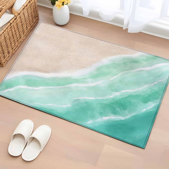 Area Rug 2x3ft, Coastal Sea Wave Green Gradient Washable Rugs for Living Room Bedroom, Summer Ocean Beach Theme Soft Non-slip Area Rugs Rectangle Floor Carpet for Dining Room