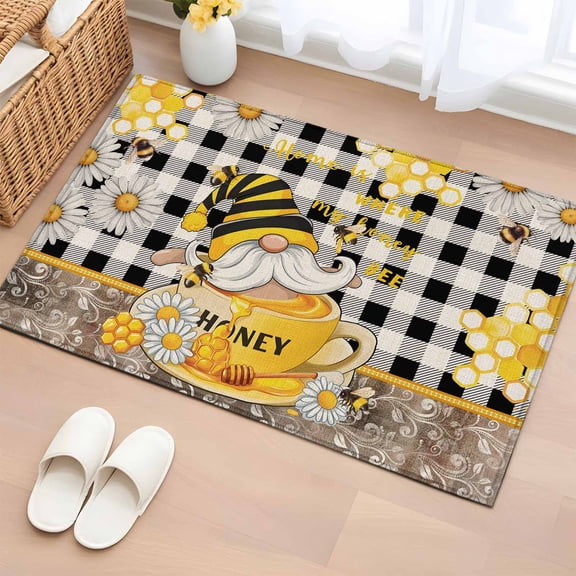 Area Rug 2x3ft, Coffee Cup Bee Gnome Black Buffalo Plaid Washable Rugs for Living Room Bedroom, Yellow Daisy Flower Soft Non-slip Area Rugs Rectangle Floor Carpet for Dining Room