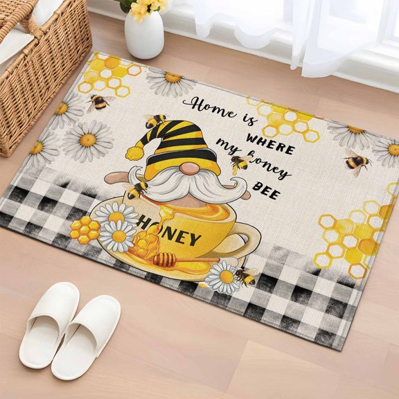 Area Rug 2x3ft Coffee Gnome Bee Daisy Flower Area Rugs Washable Low Pile Floor Carpet for Bedroom, Black White Plaid Retro Linen Non Slip Soft Rugs for Living Room Entryway Dining Room