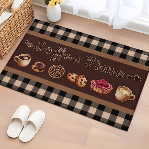 Area Rug 2x3ft Coffee Time Text Theme Area Rugs Washable Low Pile Floor Carpet for Bedroom, Farmhouse Brown Buffalo Plaid Non Slip Soft Rugs for Living Room Entryway Dining Room