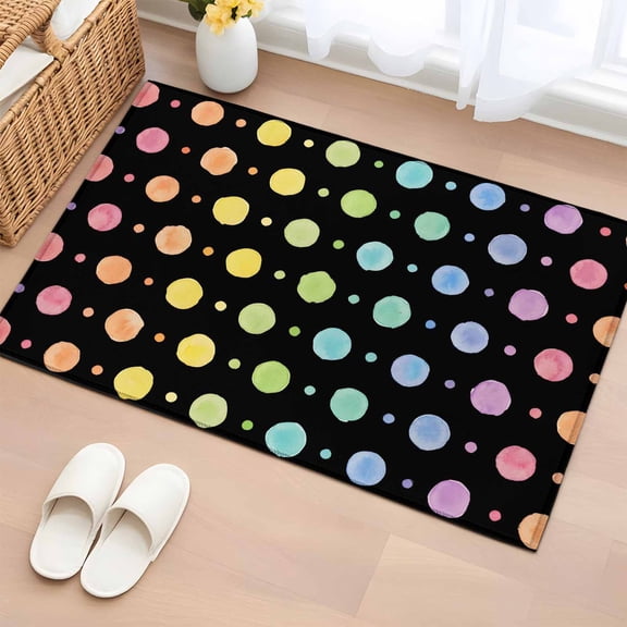 Area Rug 2x3ft, Colorful Dot Polka on Black Washable Rugs for Living Room Bedroom, Rainbow Color Ombre Dot Soft Non-slip Area Rugs Rectangle Floor Carpet for Dining Room