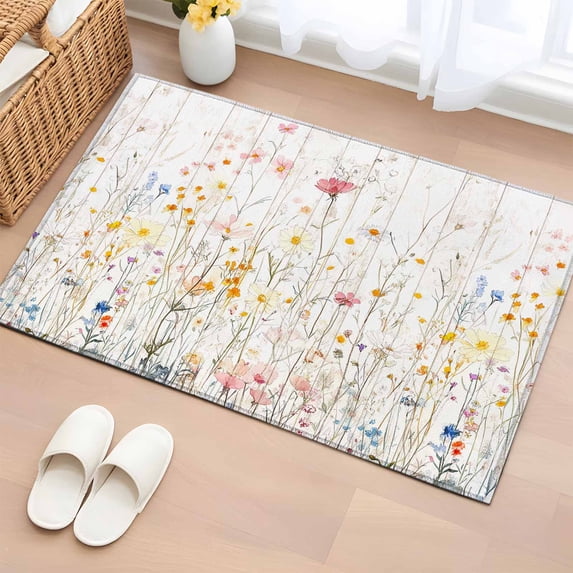 Area Rug 2x3ft, Colorful Flower Country Floral Washable Rugs for Living Room Bedroom, Wildflower Watercolor Soft Non-slip Area Rugs Rectangle Floor Carpet for Dining Room