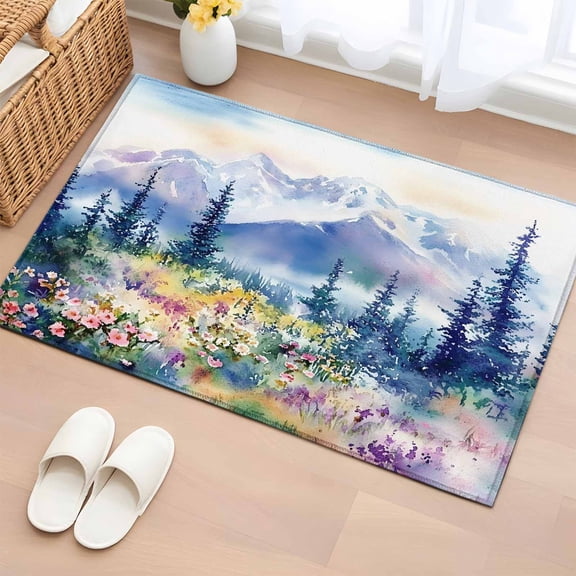 Area Rug 2x3ft Colorful Flower Tree Mountain Area Rugs Washable Low Pile Floor Carpet for Bedroom, Pastoral Natural Scenery Plant Non Slip Soft Rugs for Living Room Entryway Dining Room