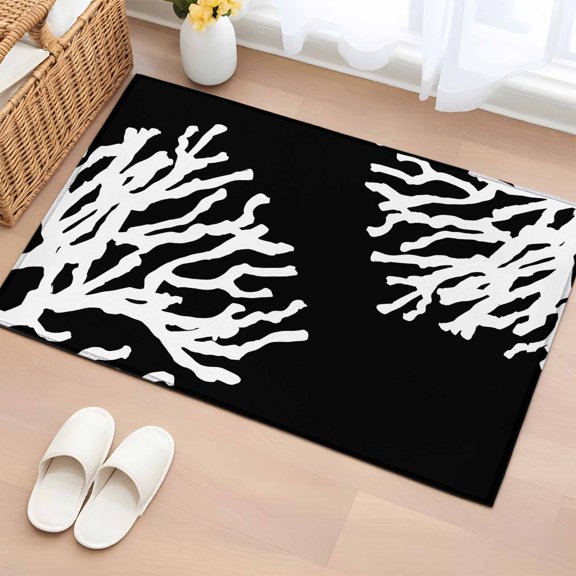 Area Rug 2x3ft Coral on Black Background Area Rugs Washable Low Pile Floor Carpet for Bedroom, White Nautical Sea Creature Non Slip Soft Rugs for Living Room Entryway Dining Room