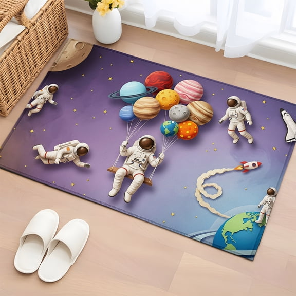 Area Rug 2x3ft Cosmonaut Planet Balloon Space Shuttle Area Rugs Washable Low Pile Floor Carpet for Bedroom, Cartoon Outer Space Star Non Slip Soft Rugs for Living Room Entryway Dining Room