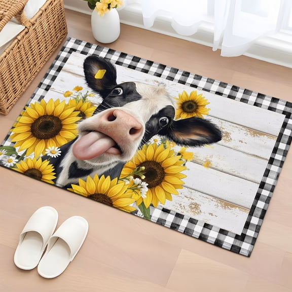 Area Rug 2x3ft, Country Abstract Cow Buffalo Check Washable Rugs for Living Room Bedroom, Farmhouse Flower Wood Board Soft Non-slip Area Rugs Rectangle Floor Carpet for Dining Room