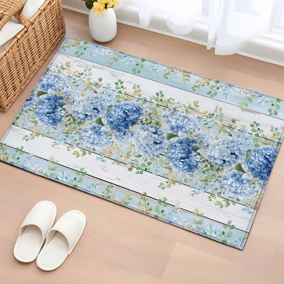 Area Rug 2x3ft Country Flower Hydrangea Eucalyptus Leaves Area Rugs Washable Low Pile Floor Carpet for Bedroom, Blue Wooden Non Slip Soft Rugs for Living Room Entryway Dining Room