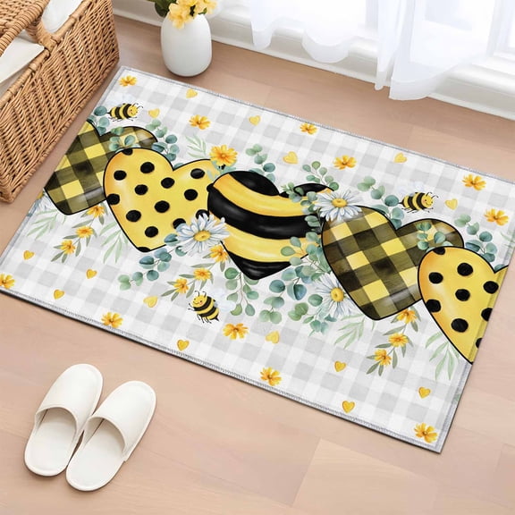 Area Rug 2x3ft Country Flower Leaf Bee Heart Area Rugs Washable Low Pile Floor Carpet for Bedroom, Rustic Gray White Buffalo Plaid Non Slip Soft Rugs for Living Room Entryway Dining Room