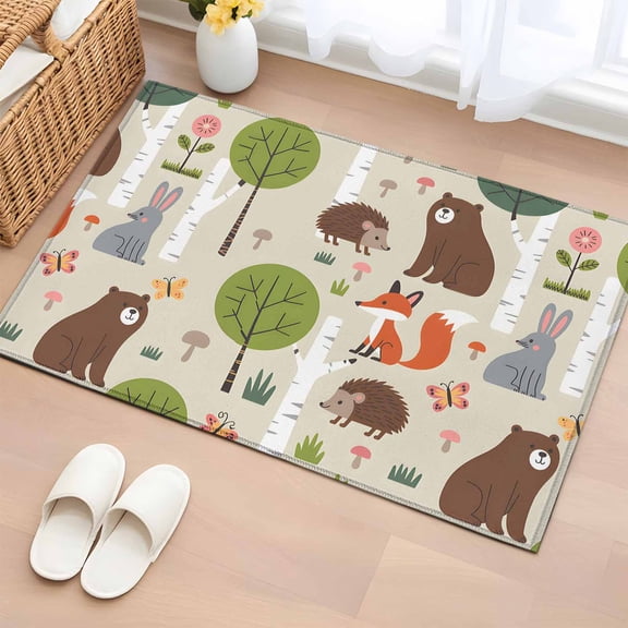 Area Rug 2x3ft, Cute Bear Hedgehog Fox Washable Rugs for Living Room Bedroom, Cartoon Tree Wild Flower Soft Non-slip Area Rugs Rectangle Floor Carpet for Dining Room