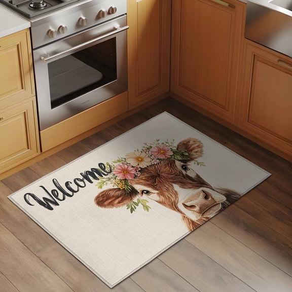 Area Rug 2x3ft Cute Bull Washable Area Rugs for Living Room Flower Wreath Non-Slip Kitchen Mats Soft Carpet for Entryway, Bathroom, Office, and Home Decor
