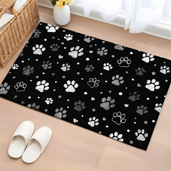 Area Rug 2x3ft, Cute Dog Paw Prints Washable Rugs for Living Room Bedroom, Cat Paws on Black Background Soft Non-slip Area Rugs Rectangle Floor Carpet for Dining Room