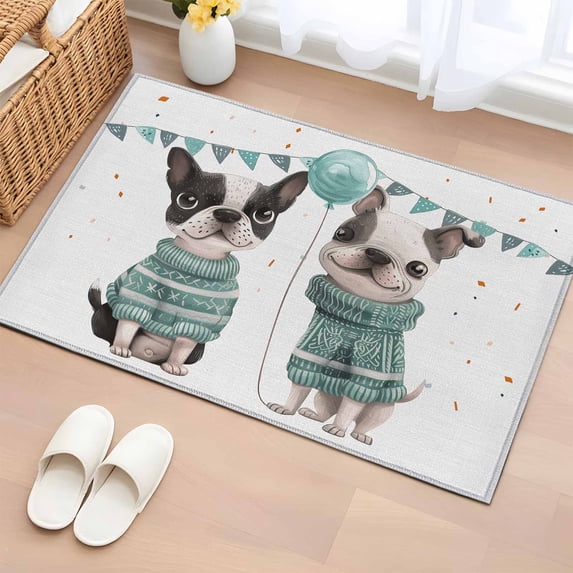 Area Rug 2x3ft, Cute Pet French Bulldog with Sweater Washable Rugs for Living Room Bedroom, Flag Balloon Celebration Soft Non-slip Area Rugs Rectangle Floor Carpet for Dining Room