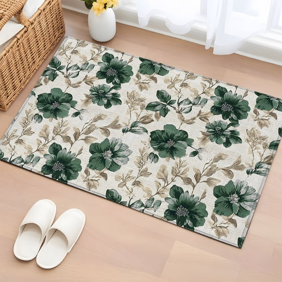 Area Rug 2x3ft Dark Green Rose Flowers Area Rugs Washable Low Pile Floor Carpet for Bedroom, Floral on Retro Linen Non Slip Soft Rugs for Living Room Entryway Dining Room