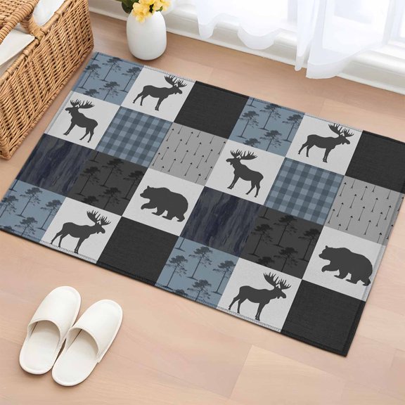Area Rug 2x3ft Deer Bear Retro Grey Plaid Area Rugs Washable Low Pile Floor Carpet for Bedroom, Forest Animal Shadow Non Slip Soft Rugs for Living Room Entryway Dining Room