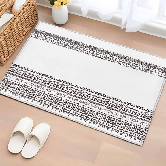 Area Rug 2x3ft Ethnic Black Geometry Horizontal Striped Area Rugs Washable Low Pile Floor Carpet for Bedroom, Boho Traditional Non Slip Soft Rugs for Living Room Entryway Dining Room