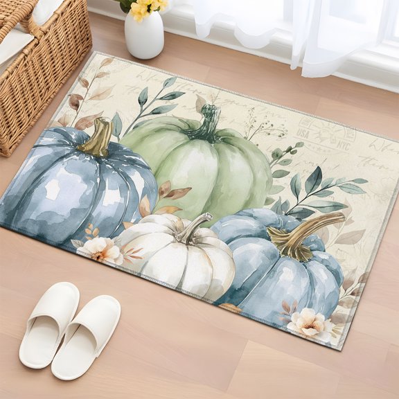 Area Rug 2x3ft, Fall Eucalyptus Leaves Thanksgiving Blue Pumpkin Washable Rugs for Living Room Bedroom, Flower Vintage Letter Soft Non-slip Area Rugs Rectangle Floor Carpet for Dining Room