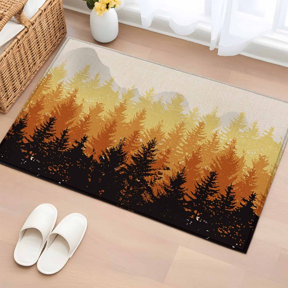 Area Rug 2x3ft Fall Foggy Forest Orange Gradient Ombre Area Rugs Washable Low Pile Floor Carpet for Bedroom, Black Shadow Retro Linen Non Slip Soft Rugs for Living Room Entryway Dining Room
