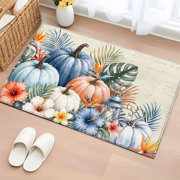 Area Rug 2x3ft Fall Pumpkin Flower Leaf Pineapple Area Rugs Washable Low Pile Floor Carpet for Bedroom, Thanksgiving Tropical Plant Non Slip Soft Rugs for Living Room Entryway Dining Room
