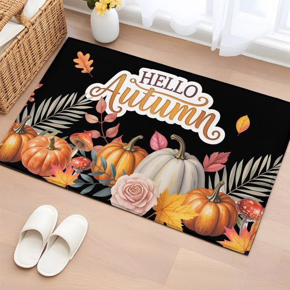 Area Rug 2x3ft, Fall Pumpkins Rose on Black Washable Rugs for Living Room Bedroom, Hello Autumn Words Soft Non-slip Area Rugs Rectangle Floor Carpet for Dining Room
