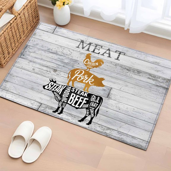Area Rug 2x3ft Farm Animal Meat Area Rugs Washable Low Pile Floor Carpet for Bedroom, Vintage Chicken Pork and Beef on Wood Board Non Slip Soft Rugs for Living Room Entryway Dining Room