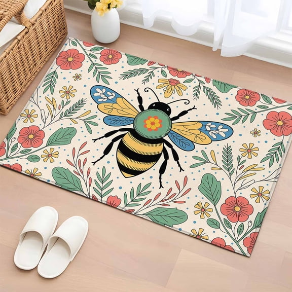Area Rug 2x3ft Farm Bee Flower Leaves Area Rugs Washable Low Pile Floor Carpet for Bedroom, Blue Polka Dot Non Slip Soft Rugs for Living Room Entryway Dining Room
