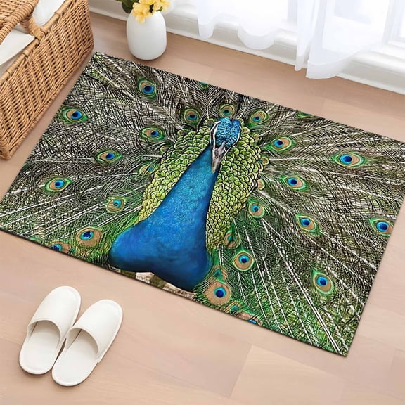 Area Rug 2x3ft Farm Bird Art Peacock Close-up Area Rugs Washable Low Pile Floor Carpet for Bedroom, Animal Feather Pattern Non Slip Soft Rugs for Living Room Entryway Dining Room