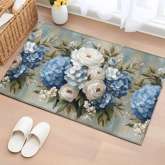 Area Rug 2x3ft Farm Blue White Hydrangea Area Rugs Washable Low Pile Floor Carpet for Bedroom, Watercolor Floral Art Non Slip Soft Rugs for Living Room Entryway Dining Room
